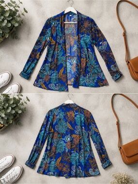 Susan Graver Blue Paisley Open Front Cardigan Blouse XL